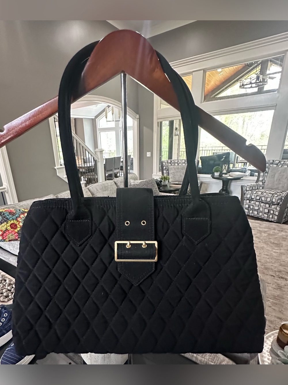 Vera Bradley Black Quilted Satchel with Gold Buckle